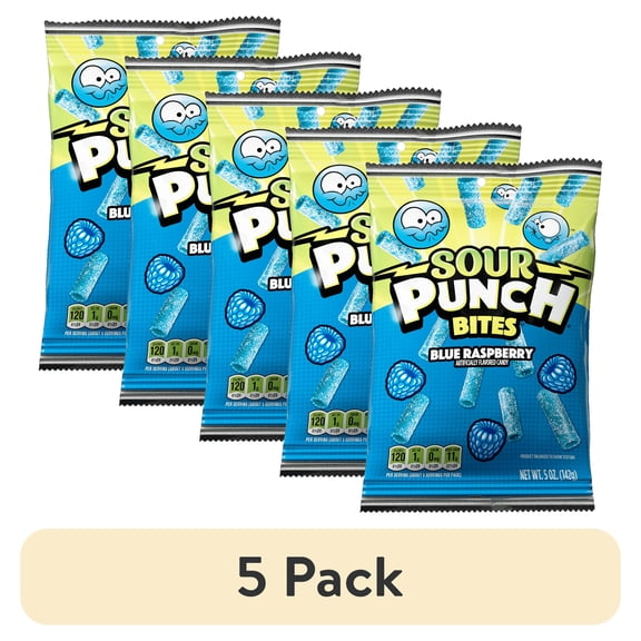(5 pack) Sour Punch Bites, Blue Raspberry Chewy Candy 5oz Bag - Low Fat, Kosher, Contains Wheat