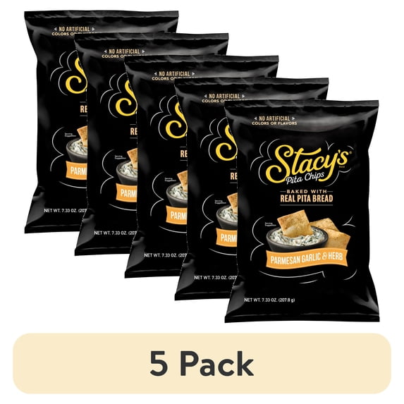 (5 pack) Stacy’s No Artificial Colors or Flavors Parmesan Garlic and Herb Pita Chips Bag, 7.33 oz