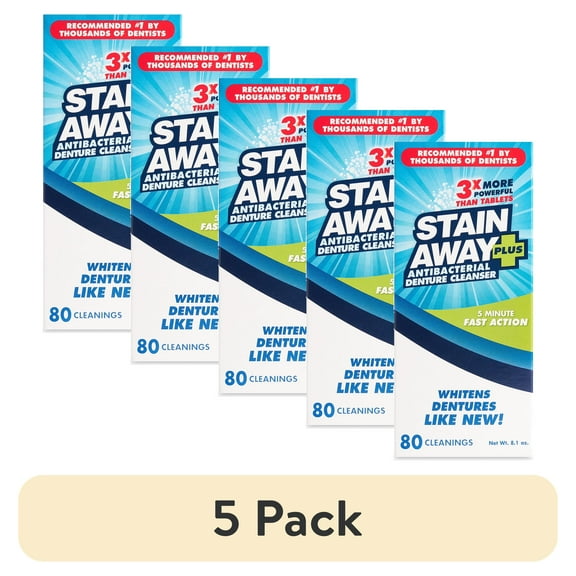 (5 pack) Stain Away Plus Professional Strength Denture Cleanser, 8.10 oz, Enough for 80 Cleanings