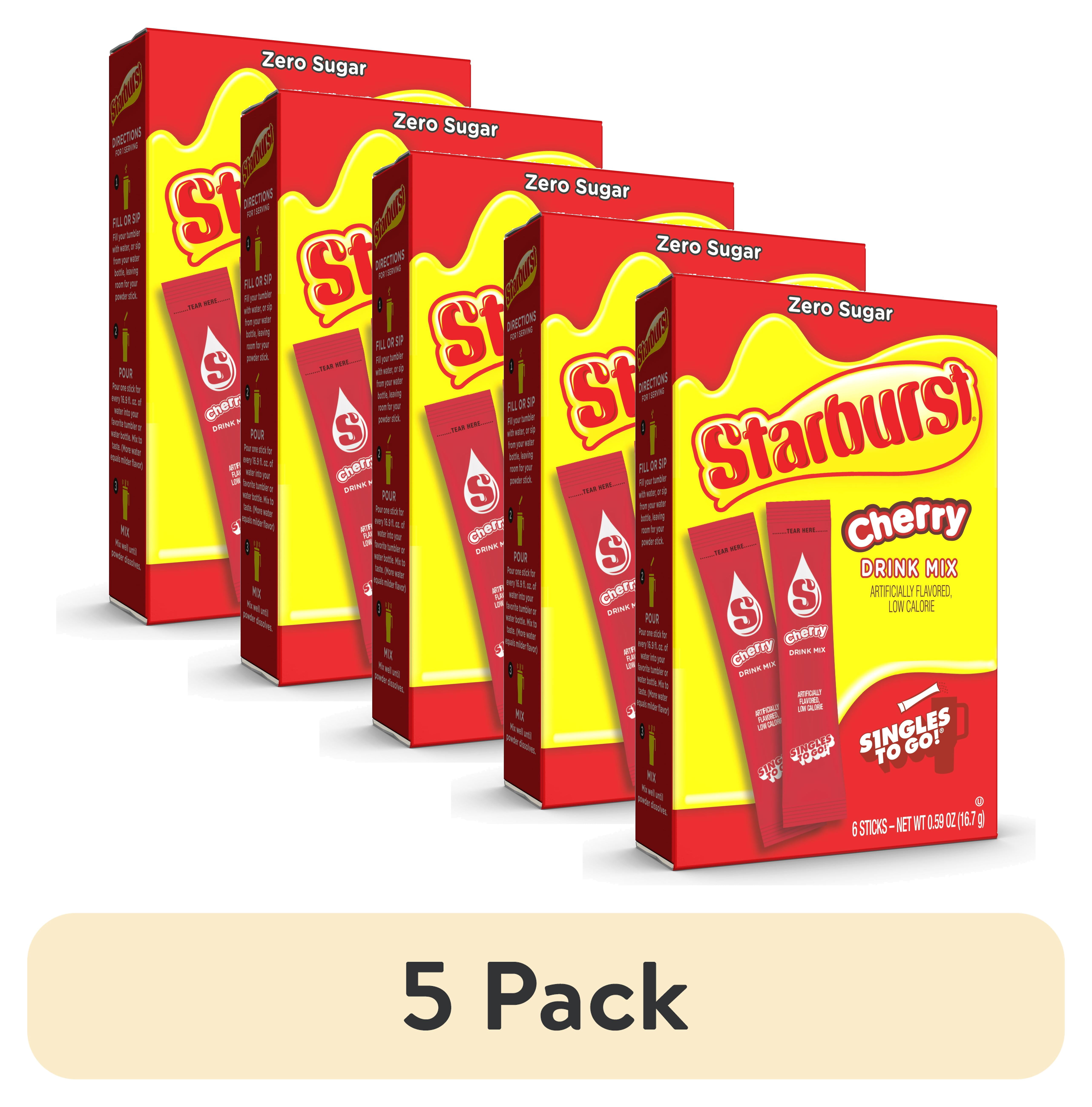 (5 pack) Starburst Zero Sugar Singles-to-Go Powdered Drink Mix, Cherry, 6 Count Packets