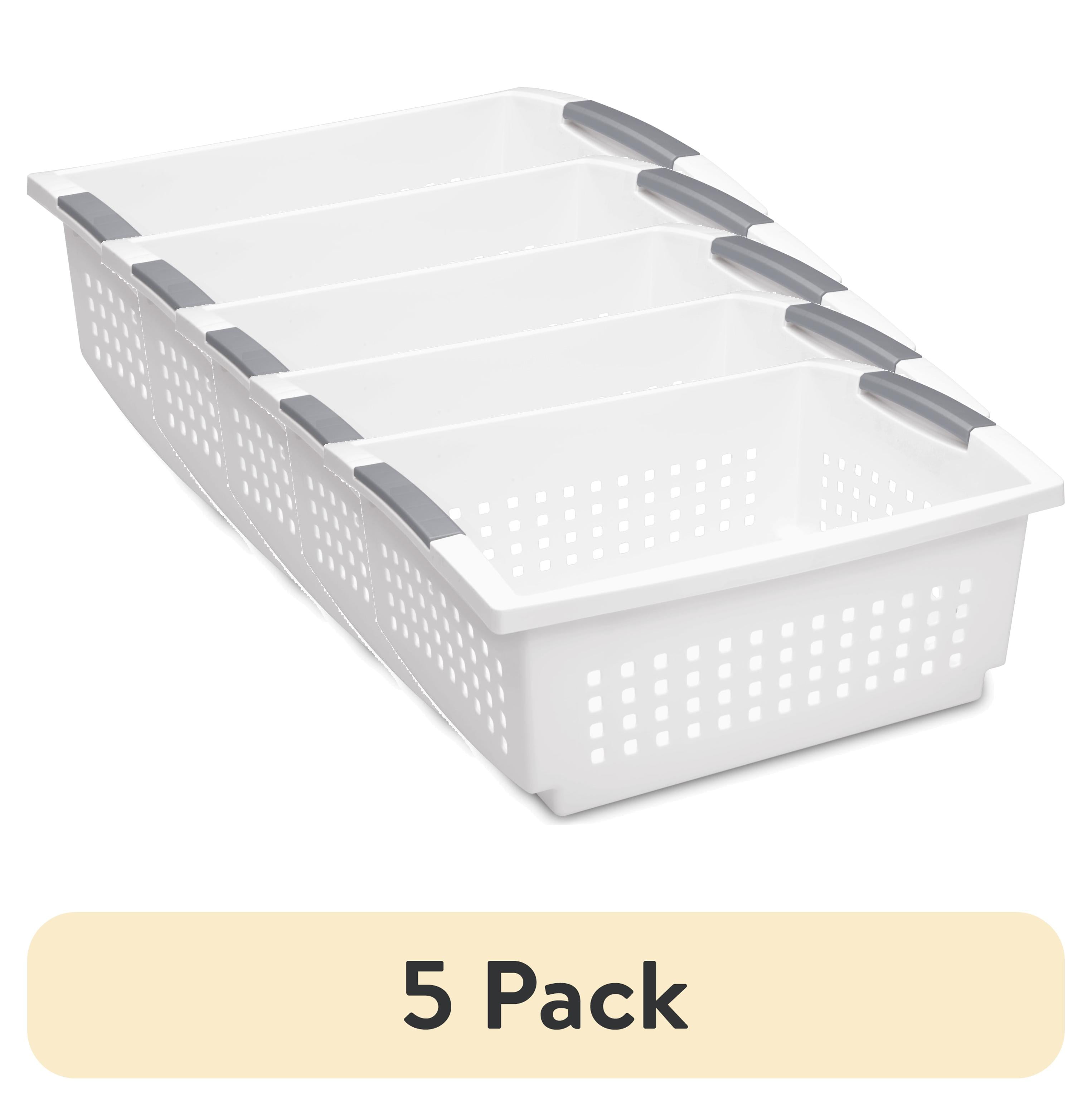 (5 pack) Sterilite Large Stacking Basket, Open Plastic Bin, Space Saving Organizers, White