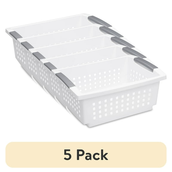 (5 pack) Sterilite Medium Stacking Basket, Open Plastic Bin, Space Saving Organizers, White