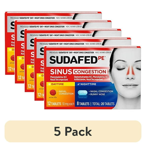 (5 pack) Sudafed PE Day and Night Sinus Pressure & Congestion Tablets, 20 Count