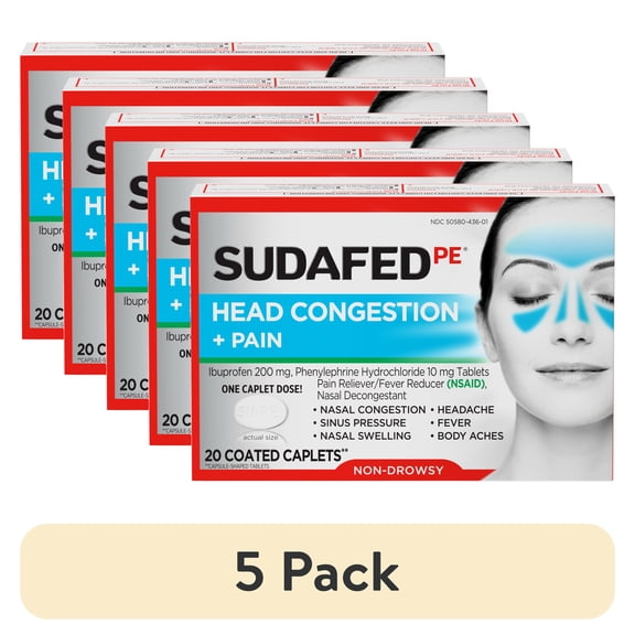 (5 pack) Sudafed PE Non-Drowsy Head Congestion + Pain Relief Caplets, 20 Ct