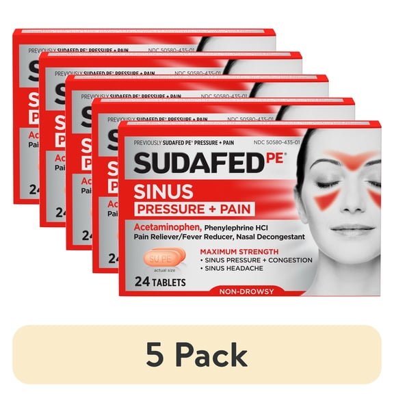 (5 pack) Sudafed PE Sinus Pressure + Pain Relief Decongestant Tablets, 24 Count
