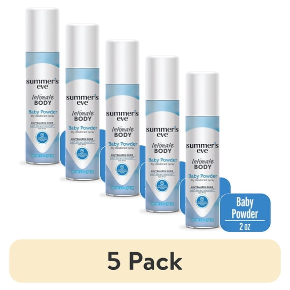 (5 pack) Summer’s Eve Baby Powder Gentle Feminine Spray, 2 oz