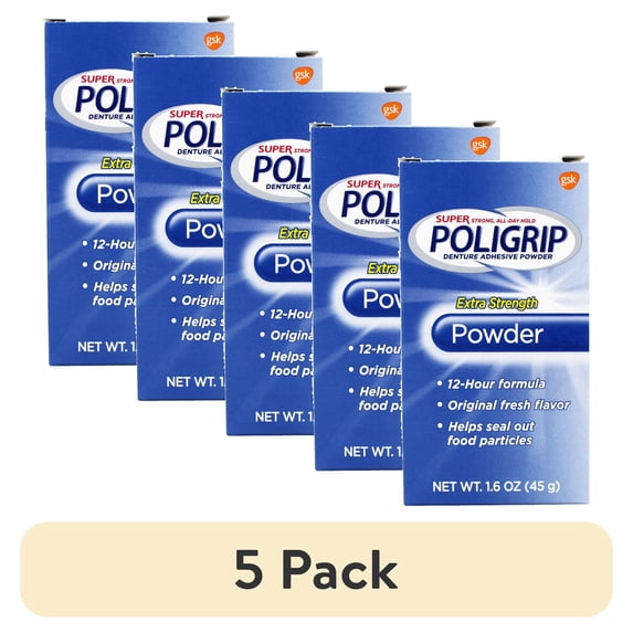 (5 pack) Super Poligrip Denture Adhesive Powder Extra Strength - 1.6 oz
