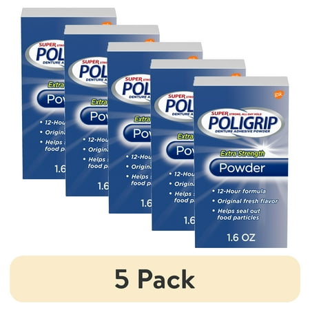 (5 pack) Poligrip Extra Strength Denture and Partials Adhesive Powder, 1.6 Oz, for Adults