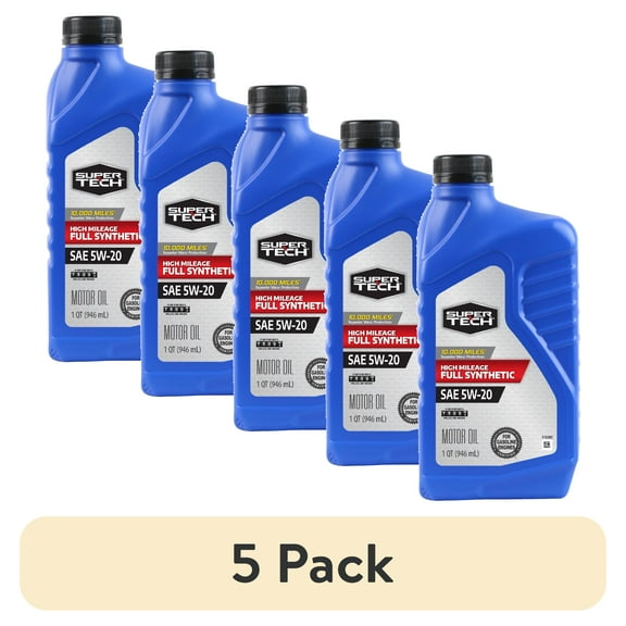 (5 pack) Super Tech High Mileage Full Synthetic SAE 5W-20 Motor Oil, 1 Quart