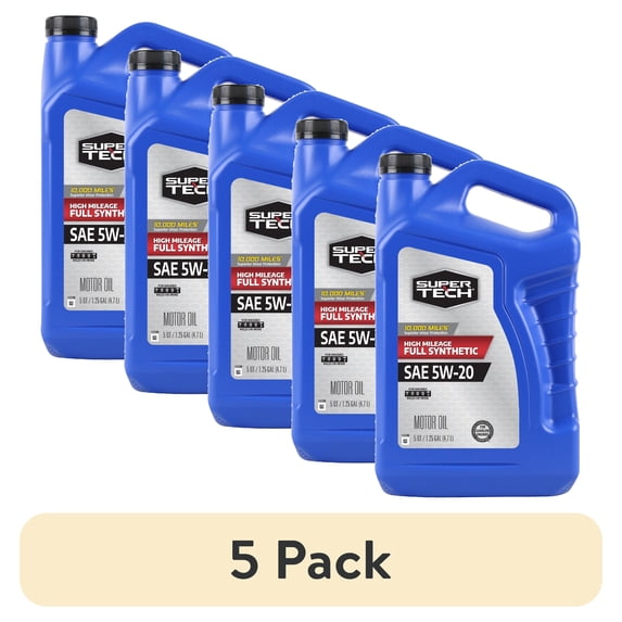 (5 pack) Super Tech High Mileage Full Synthetic SAE 5W-20 Motor Oil, 5 Quarts