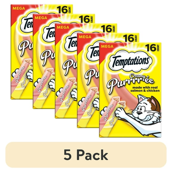 (5 pack) Temptations Creamy Puree Salmon and Chicken Flavor Crunchy Treats for Cats, 6.7 oz Pouches (16 Pack)