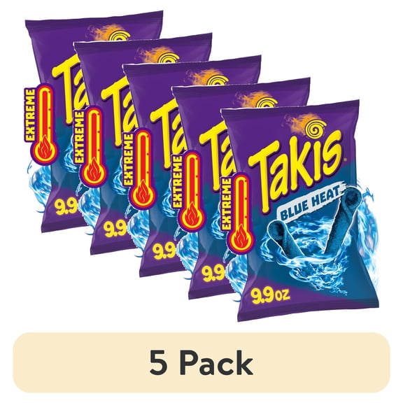 (5 pack) Takis Blue Heat 9.9 oz Sharing Size Bag, Hot Chili Pepper Rolled Tortilla Chips