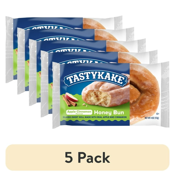 (5 pack) Tastykake Apple Cinnamon Flavored Honey Bun, Sweet Glazed Topping, 4 oz, Shelf-Stable