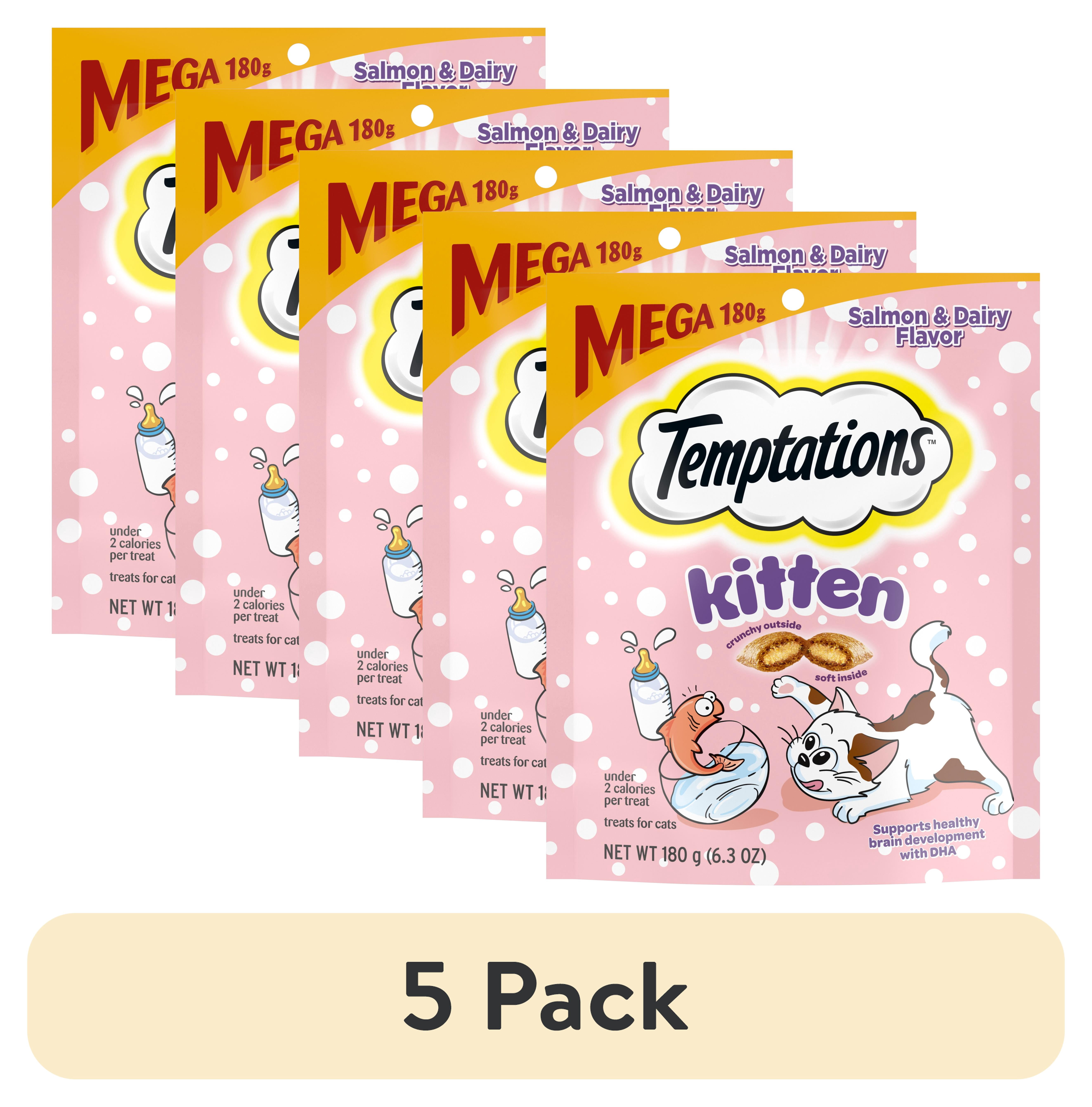 (5 pack) Temptations Kitten Salmon And Dairy Flavor Crunchy And Soft Treats For Kitten, 6.3 Oz Pouch