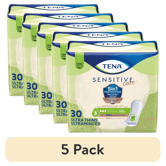 (5 pack) TENA Sensitive Care Ultra Thin Light Incontinence Pads Women, Regular, 30ct