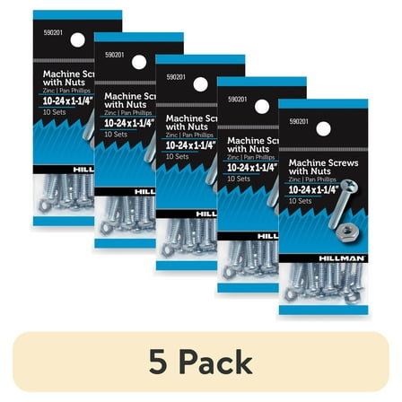 (5 pack) Hillman Machine Screws, #10 x 1-1/4", Steel, Zinc, Interior, Phillips, Silver, 10 sets