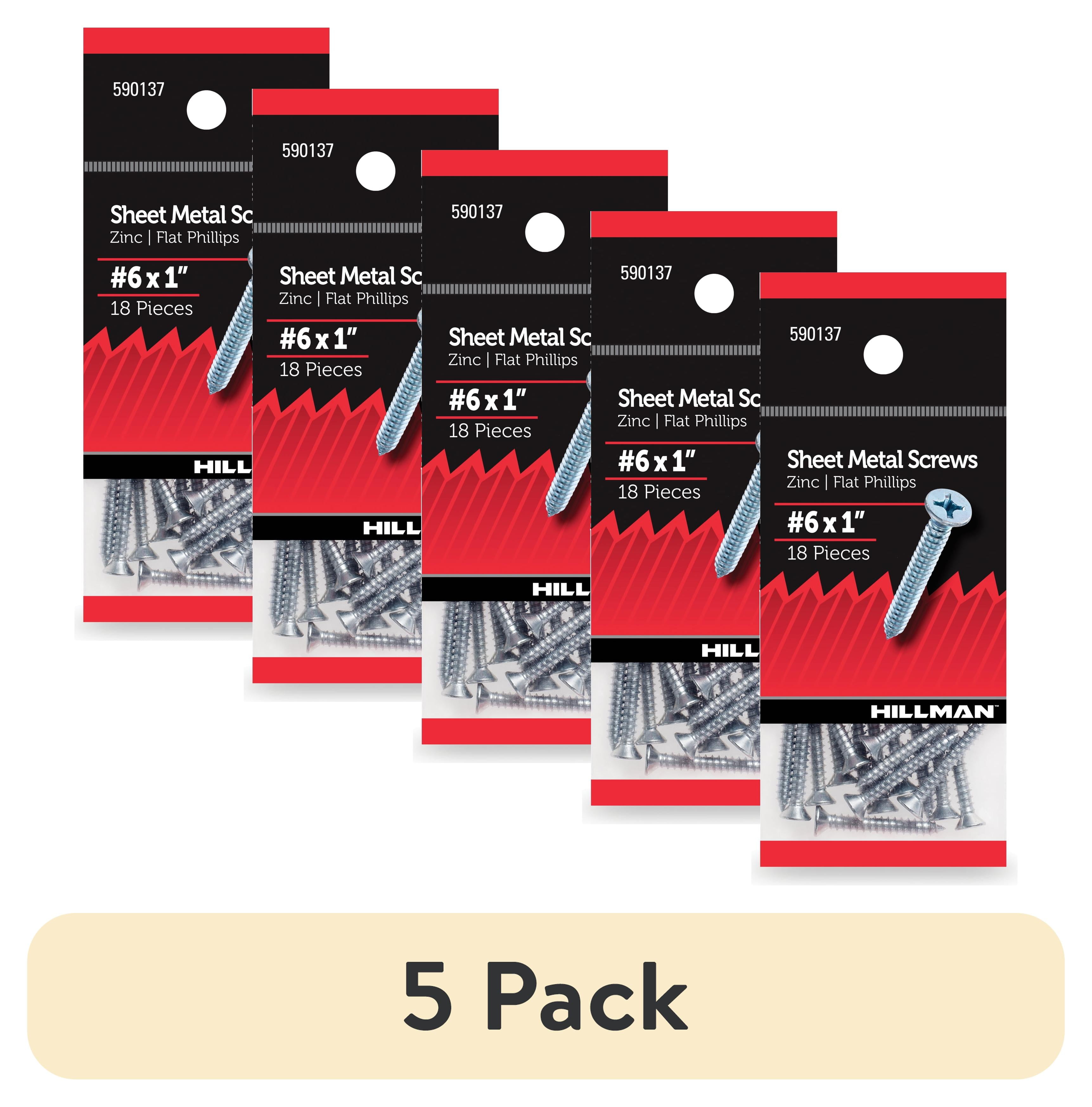 (5 pack) Hillman Sheet Metal Screws, #6 x 1", Steel, Zinc, Interior, Phillips, Silver, 18 pack