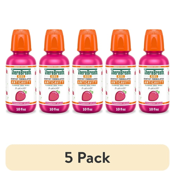 (5 pack) TheraBreath Kids Mouthwash with Fluoride, Organic Strawberry Splash, Anticavity, 10 fl oz