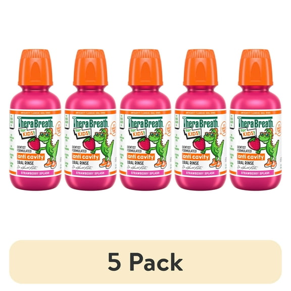 (5 pack) TheraBreath Kids Mouthwash with Fluoride, Organic Strawberry Splash, Anticavity, 10 fl oz