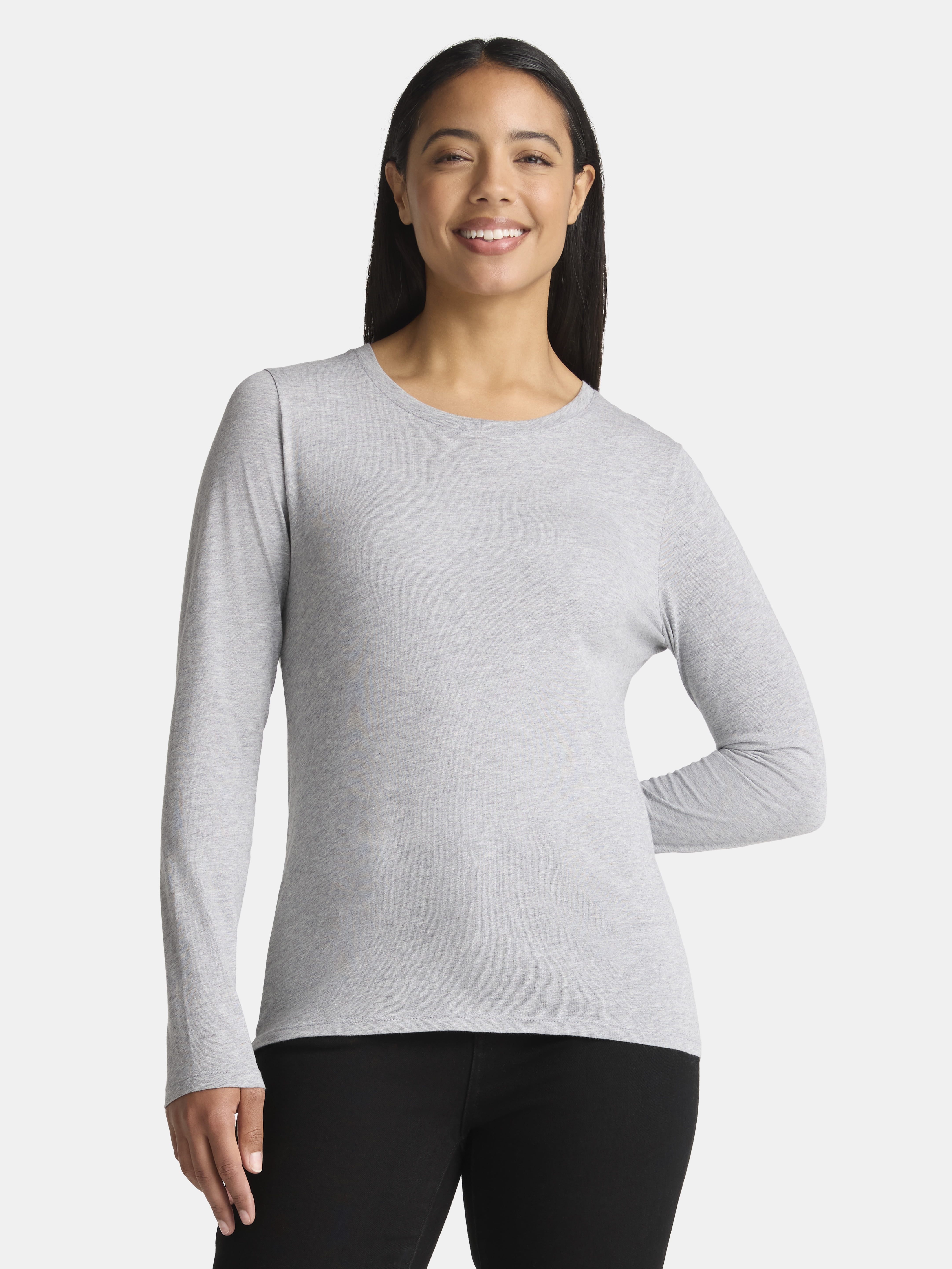 (5 pack) Time and Tru Women's Cotton Crewneck Tee with Long Sleeves, Sizes XS-XXXL