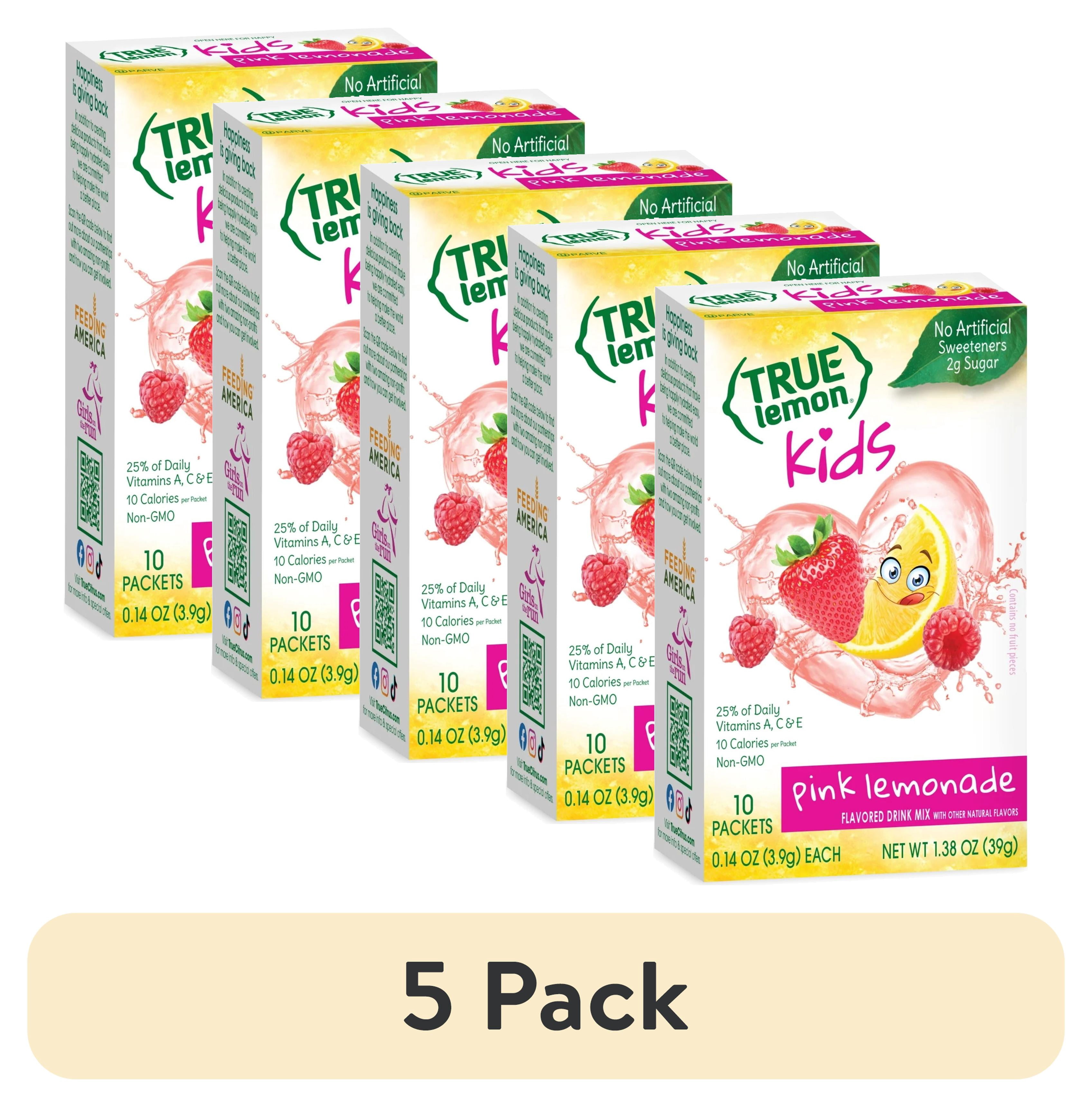 (5 pack) True Lemon Kids Pink Lemonade Powdered Drink Mix, Low Sugar, No Artificial Sweeteners, 10 Count Box