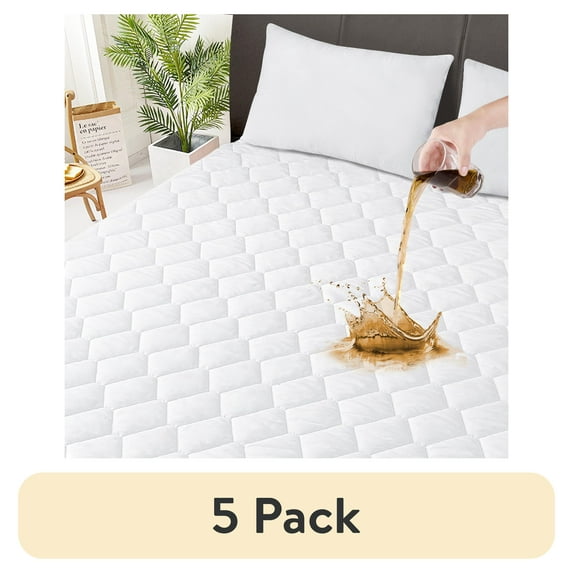 (5 pack) Twin XL Quilted Fitted Waterproof Mattress Pad, Breathable Soft Filling Mattress Protector, 8-18 Inches Deep Pocket Noiseless Mattress Cover (White)