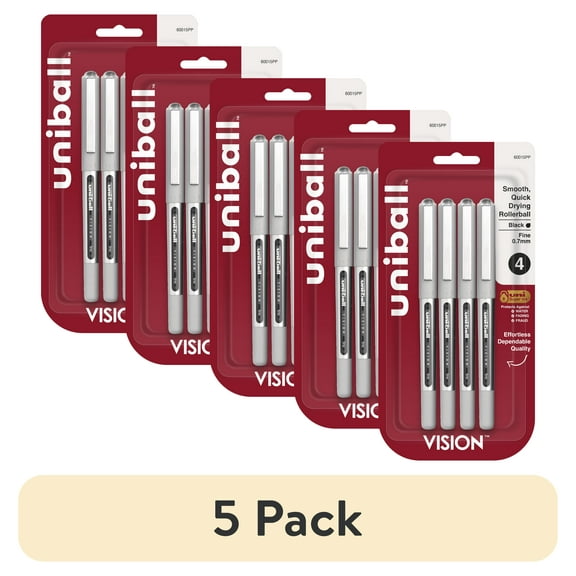 (5 pack) Uniball Vision Rollerball Pens, Fine Point (0.7mm), Black Ink, 4 Count
