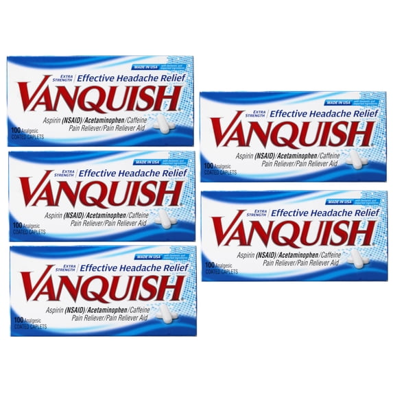 (5 pack) Vanquish Effective Headache Relief – Aspirin (NSAID), Acetaminophen, Caffeine, 100 Analgesic Coated Caplets