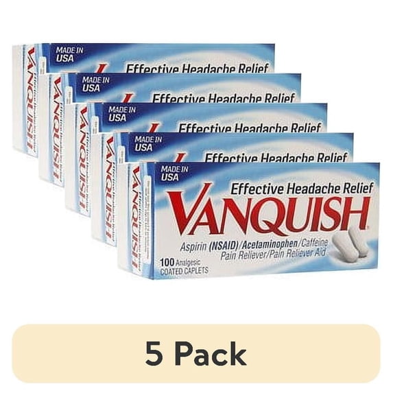 (5 pack) Vanquish Effective Headache Relief – Aspirin (NSAID), Acetaminophen, Caffeine, 100 Analgesic Coated Caplets