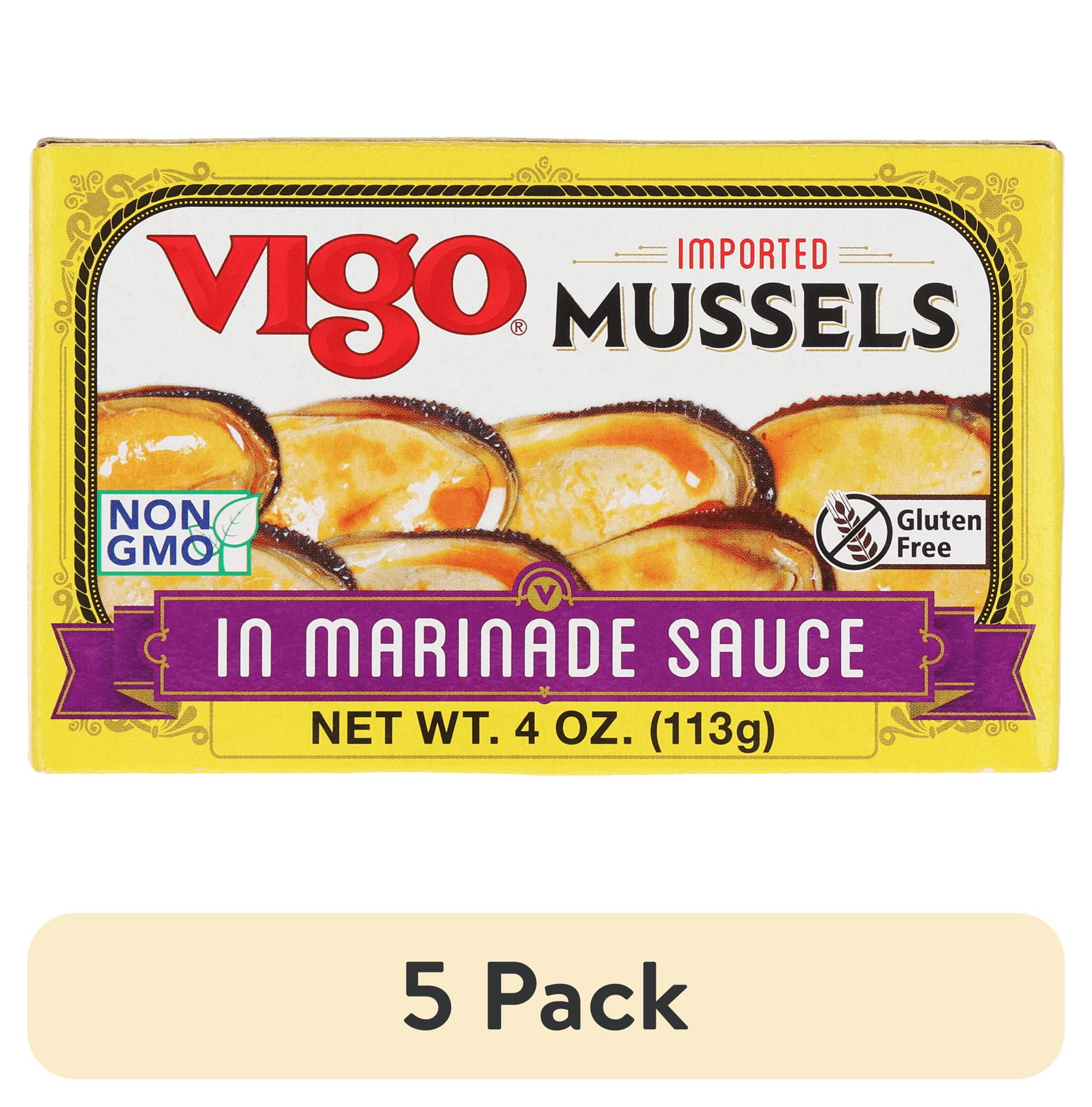 (5 pack) Vigo Imported Mussels in Marinade Sauce, 4 oz Can, 14g Protein