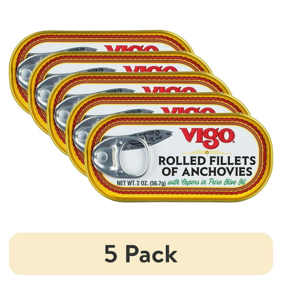 (5 pack) Vigo Rolled Fillets of Anchovies, in Pure Olive Oil, with Capers, 2 oz