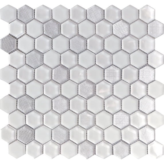 5 pack White 11.6 in. x 12 in. Polished and Honed Hexagon Glass Mosaic Floor and Wall Tile (4.83 sq. ft./Case)