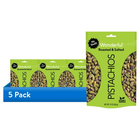 (5 pack) Wonderful Pistachios, No Shells Roasted & Salted Nuts, 12 Ounce Bag