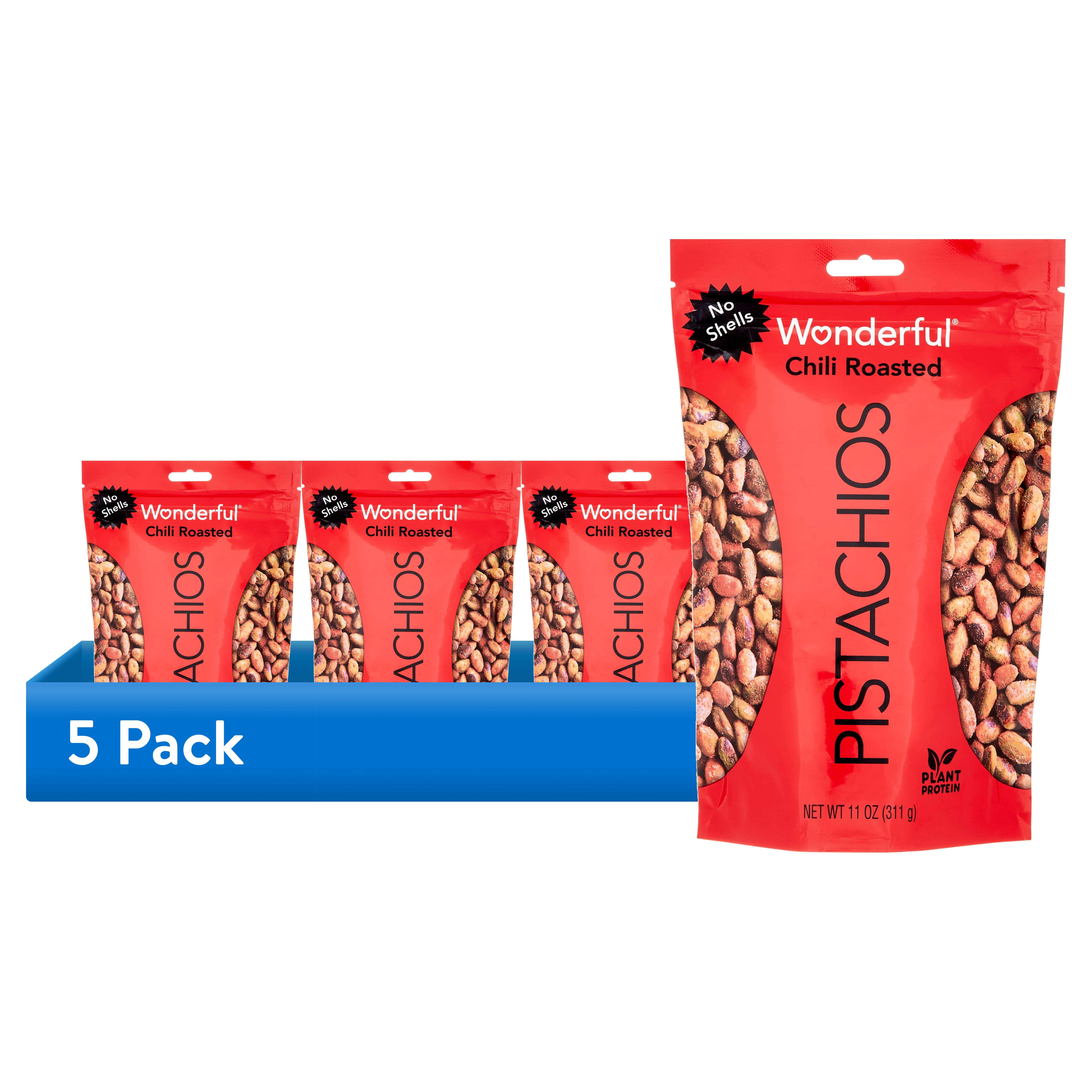 (5 pack) Wonderful Pistachios No Shells Chili Roasted Nuts, 11 Ounce Bag