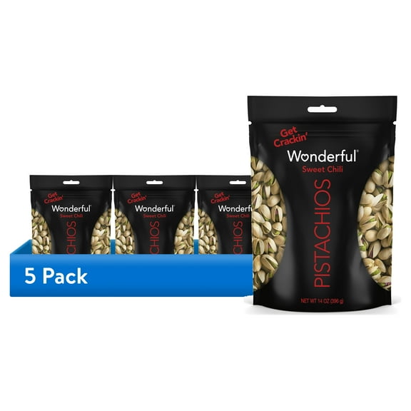 (5 pack) Wonderful Pistachios In-Shell Sweet Chili, 14 Ounce Resealable Bag