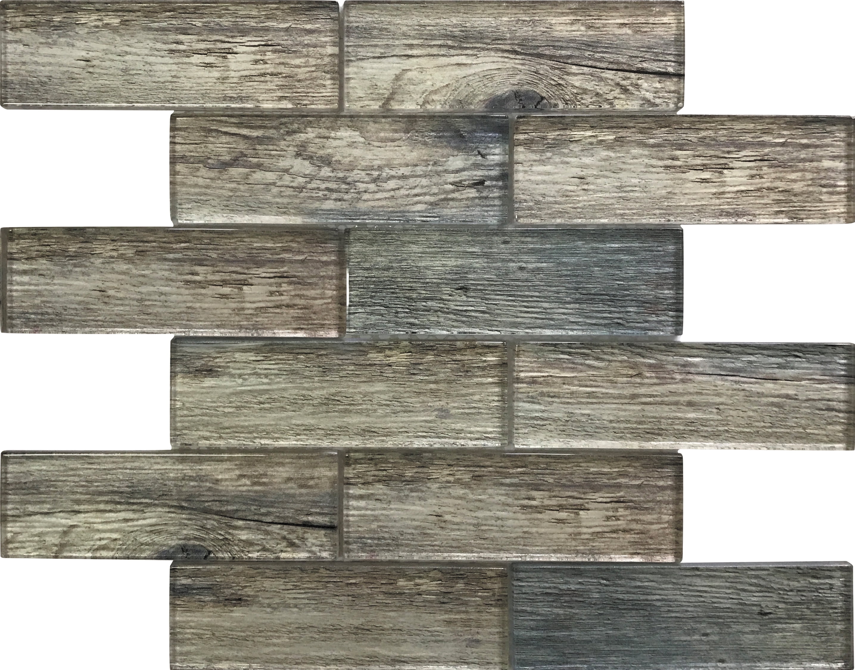Wooden Brown and Blue Polished Glass Subway Mosaic Tile
