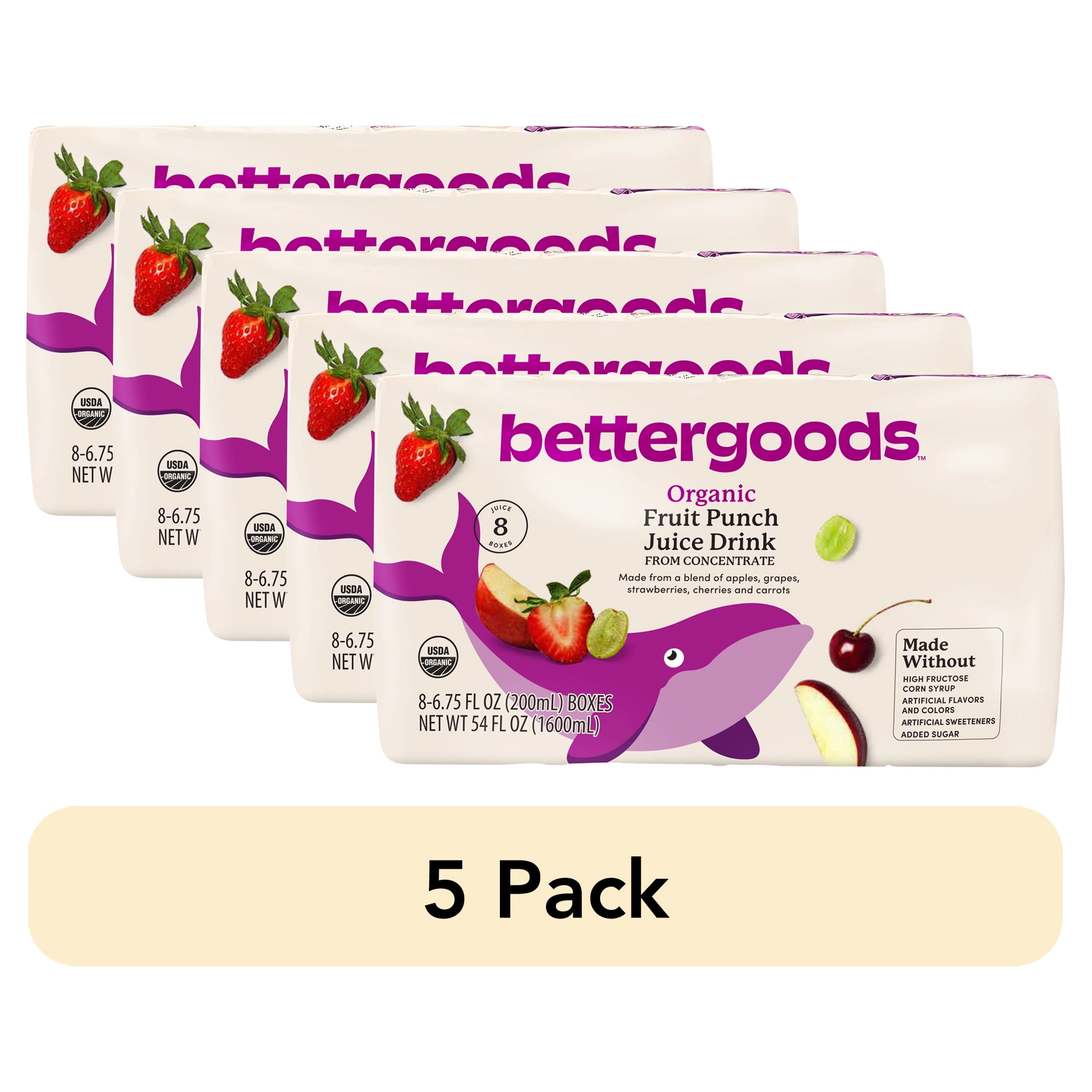 (5 pack) bettergoods Organic 42% Fruit Punch Drink, 6.75 fl oz, 8 Count