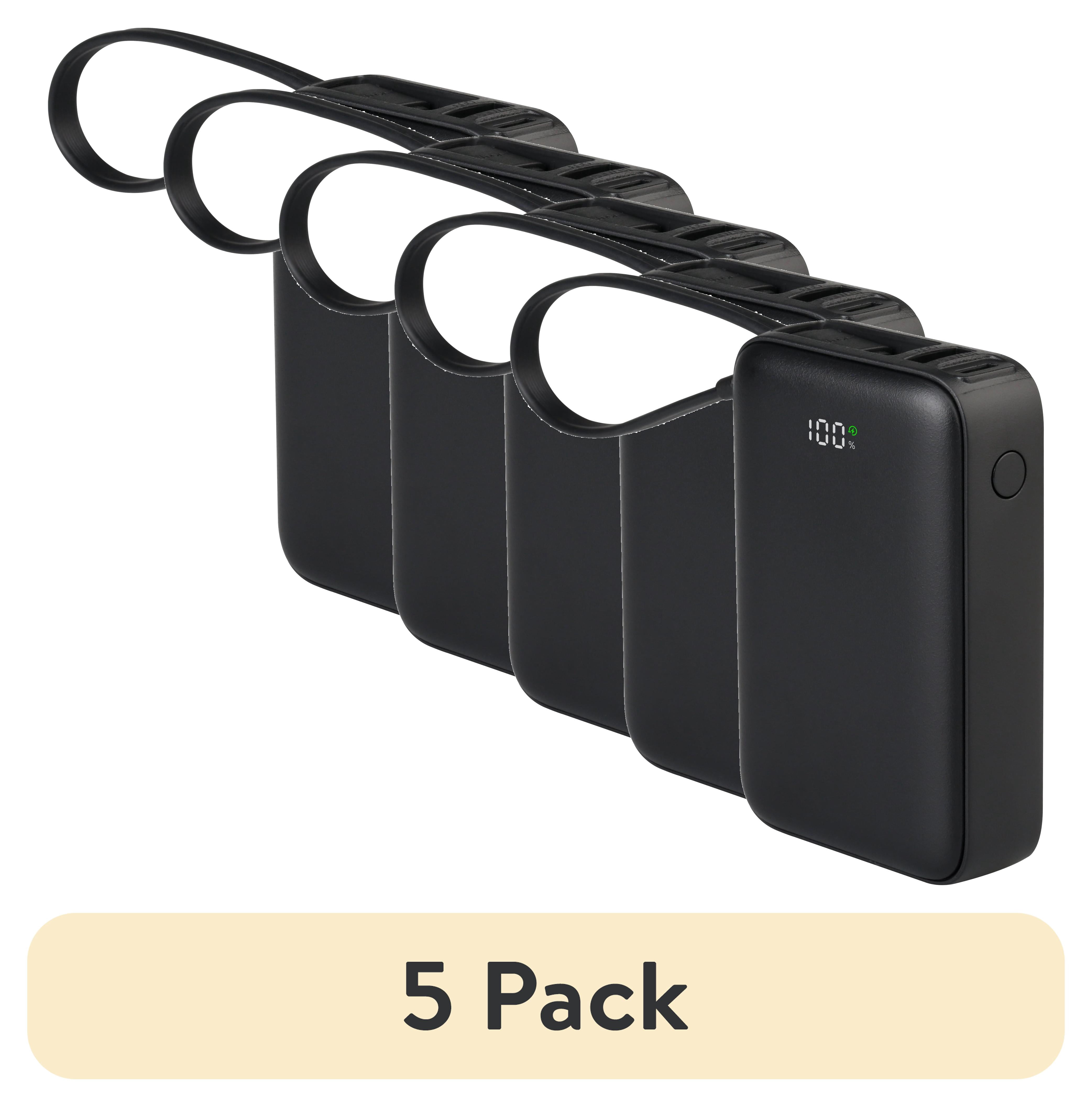 (5 pack) onn 10,000 mAh Portable Power Bank with Built In USB-C Cable and Fast Charing Output (20W), LED Digital Display, Black - Compatible with iPhone, iPad, AirPods, Samsung Galaxy, Note, Pixel & More
