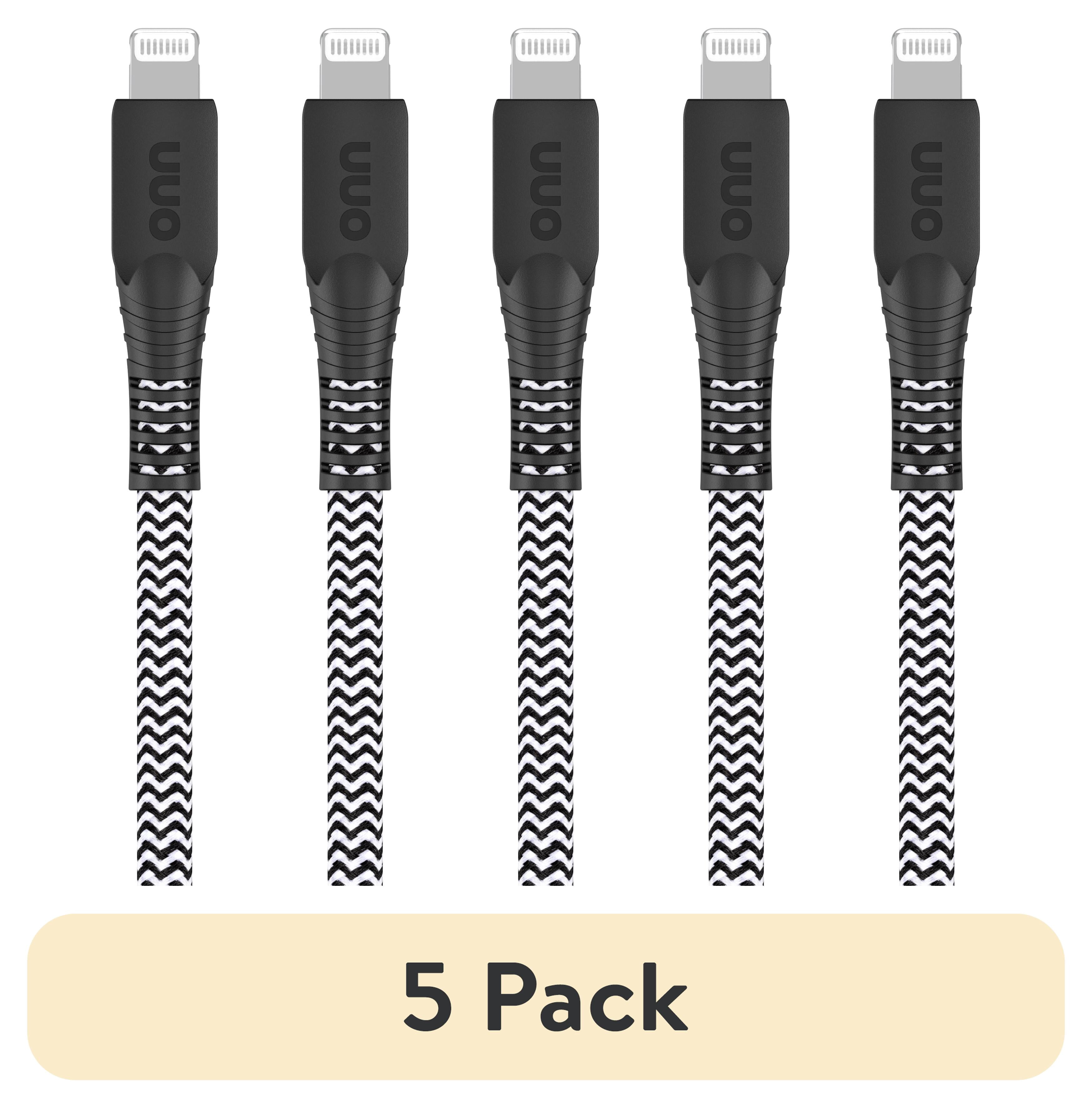 (5 pack) onn 10ft Lightning to USB-A Braided Charging Cable, MFI certified, Black - Compatible with iPhone 14/13/12/11/X/XR/XS/8/7/6/5, iPad, Airpods and more