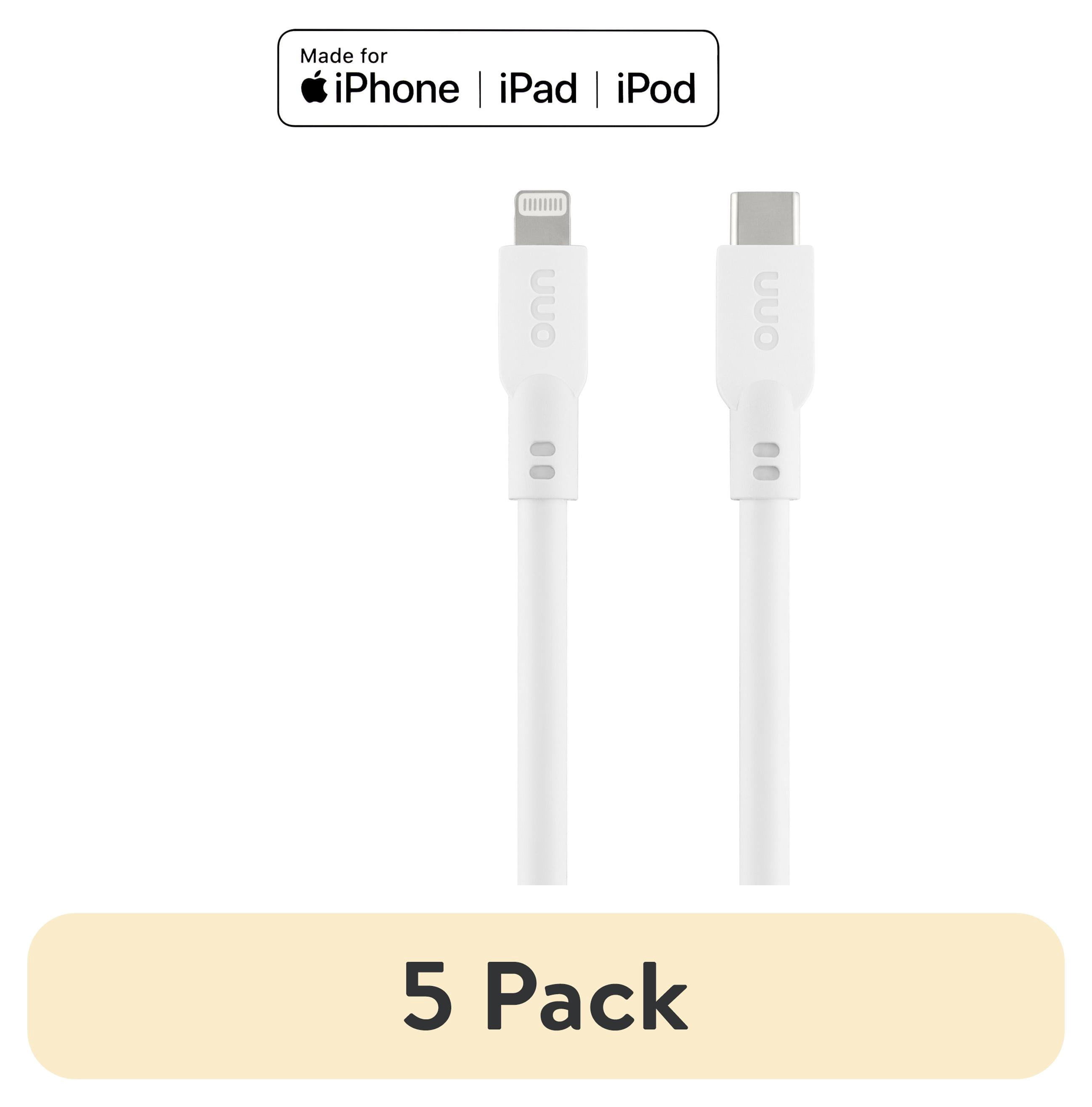 (5 pack) onn 10ft Lightning to USB-C Charging Cable, MFI Certified, Fast Charging - White