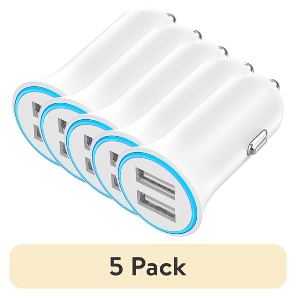 (5 pack) onn. 24W Dual USB-A Car Charger with 3 ft Braided Lightning to USB Cable, MFi Certified, White, for iPhone and iPad