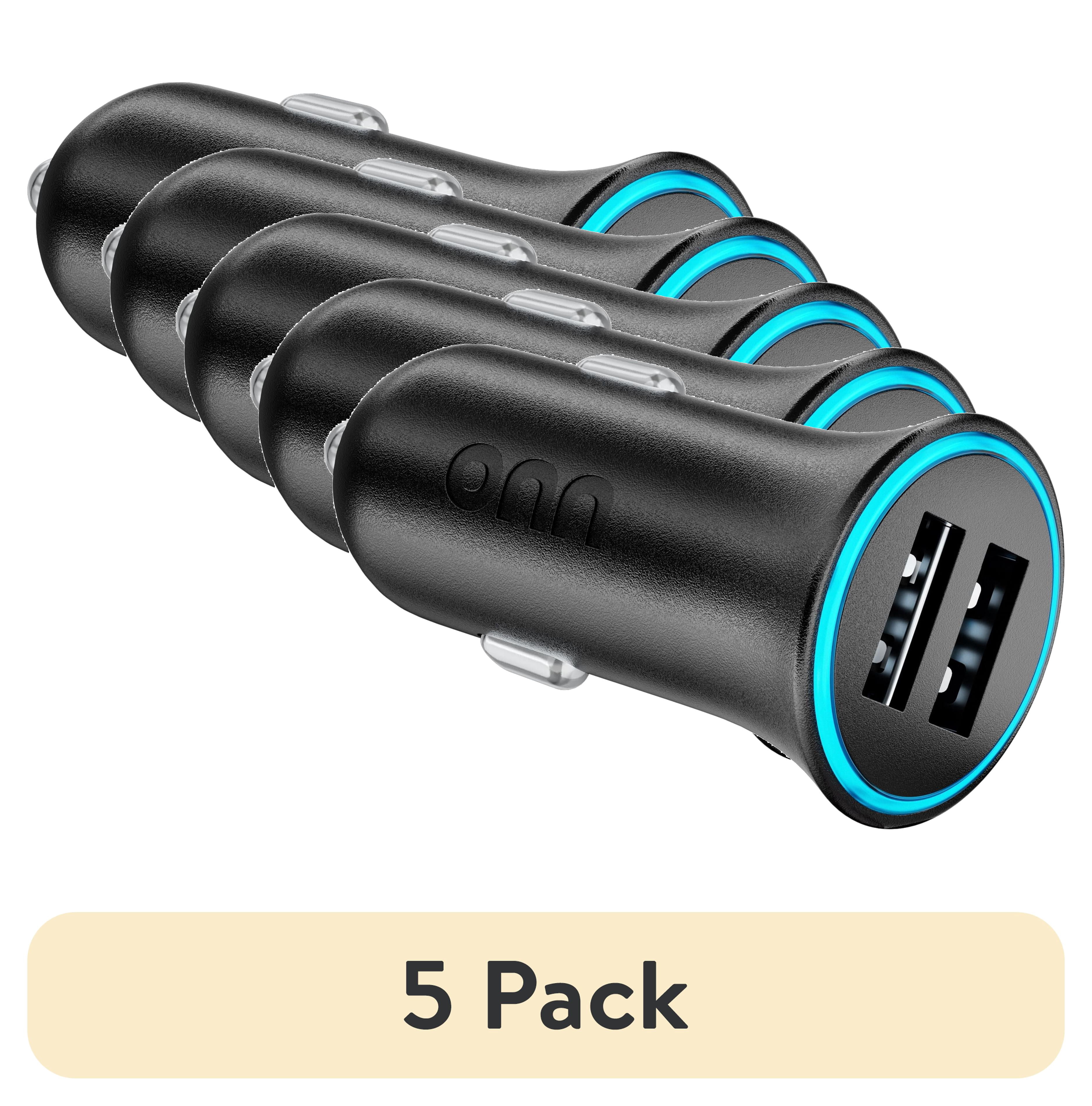 (5 pack) onn 24W Dual USB-A Port Car Charger with Compact Design for Cigarette Lighter Adapter