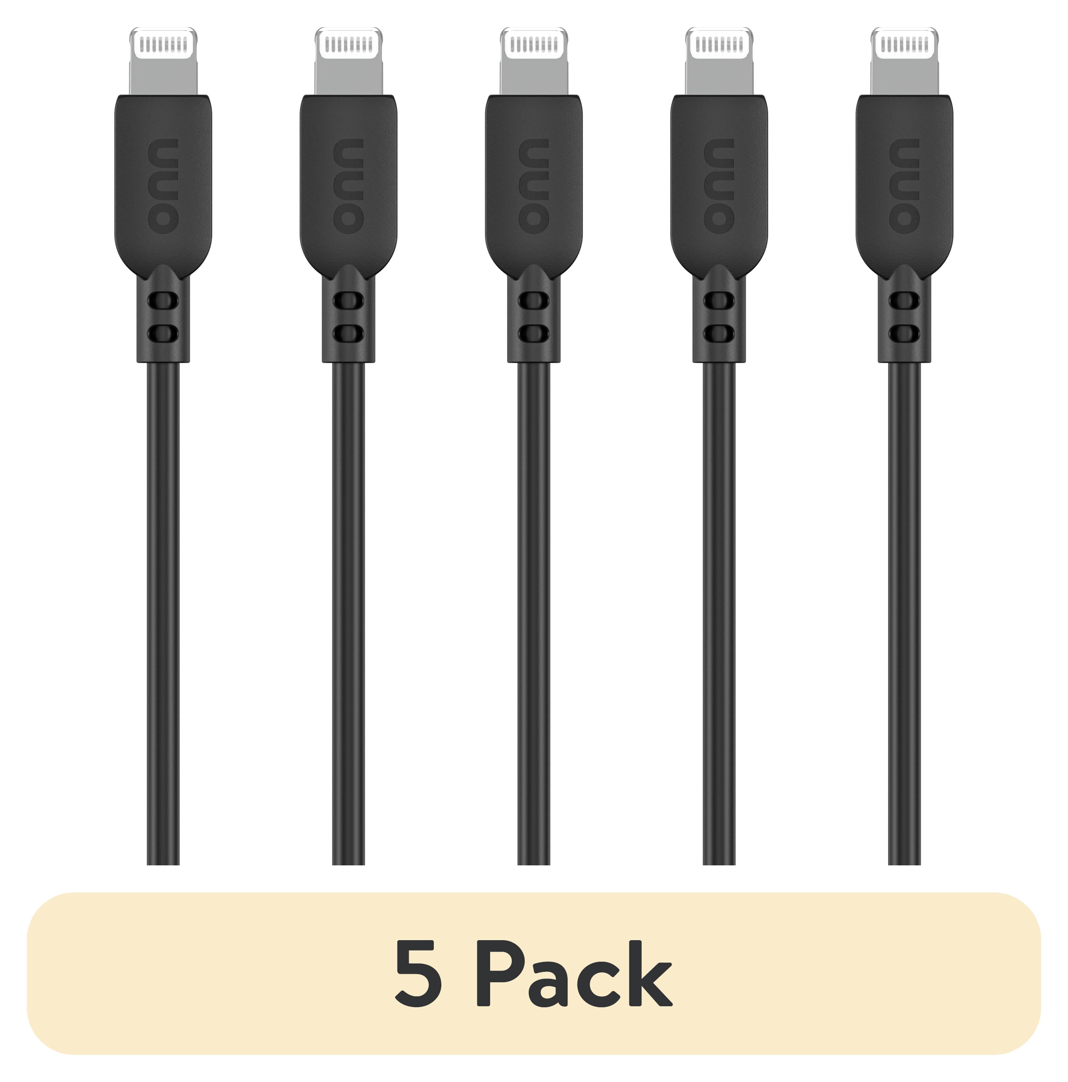 (5 pack) onn 3' Lightning to USB Charging Cable, Black