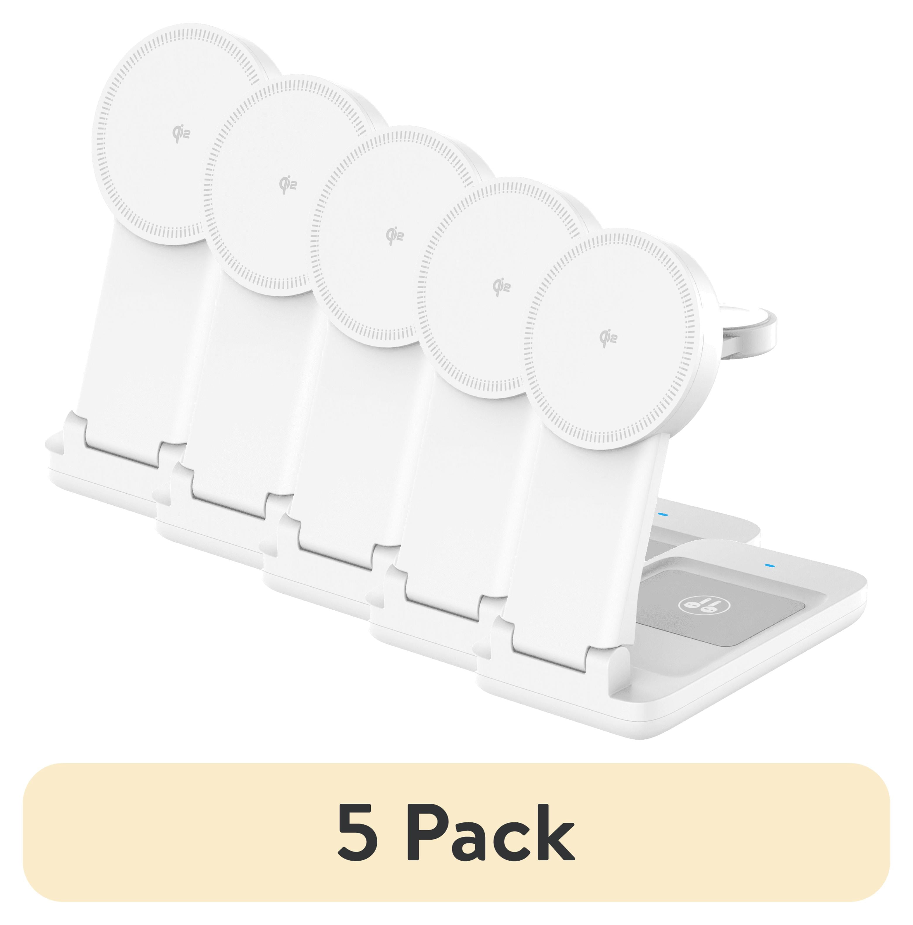 (5 pack) onn 3-in-1 Qi2 Certified Wireless Charging Stand – Foldable Design with Wall Adapter & Cable – Compatible with iPhone 17/16/15/14/13/12, Samsung Galaxy S23/S22, Pixel, AirPods & Apple Watch – White