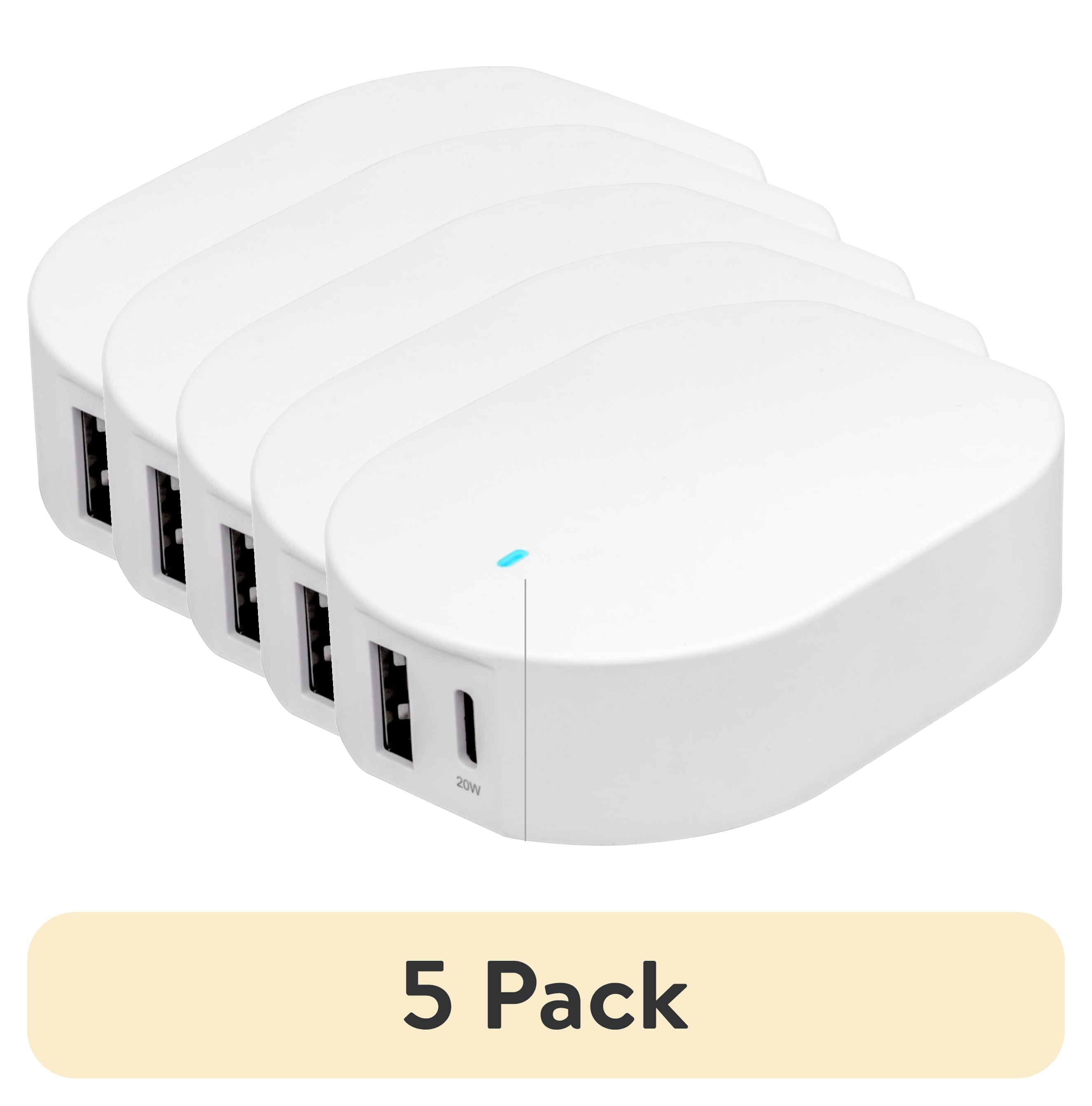 (5 pack) onn 32W Dual USB-C and USB-A Port Wall Charger, Fast Charging, USB-IF Certified, Foldable Plug, White - Compatible with iPhone, Samsung Galaxy, Note, Pixel Devices iPad Pro, & More