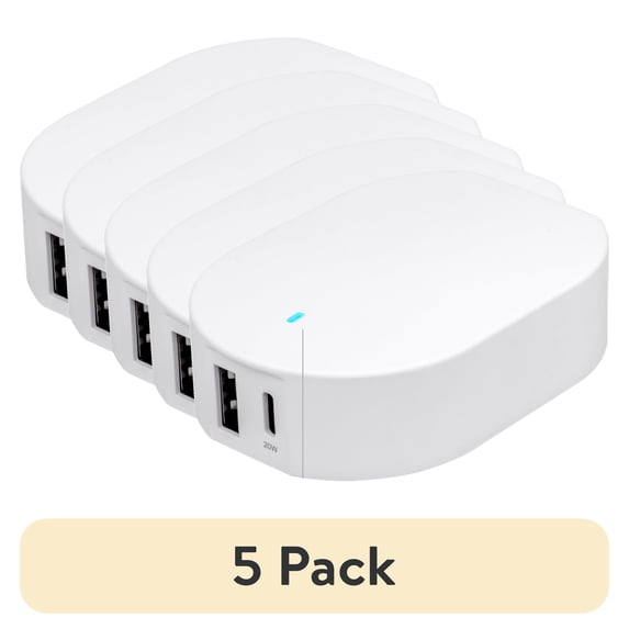 (5 pack) onn 32W Dual USB-C and USB-A Port Wall Charger, Fast Charging, USB-IF Certified, Foldable Plug, White - Compatible with iPhone, Samsung Galaxy, Note, Pixel Devices iPad Pro, & More