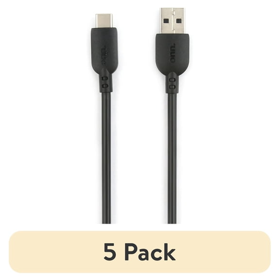 (5 pack) onn 3ft USB-C to USB-A Charging Cable, USB-IF Certified, Black, Compatible with iPhone 17/16/15 Series, Samsung Galaxy, Note, Pixel Devices, iPad Pro