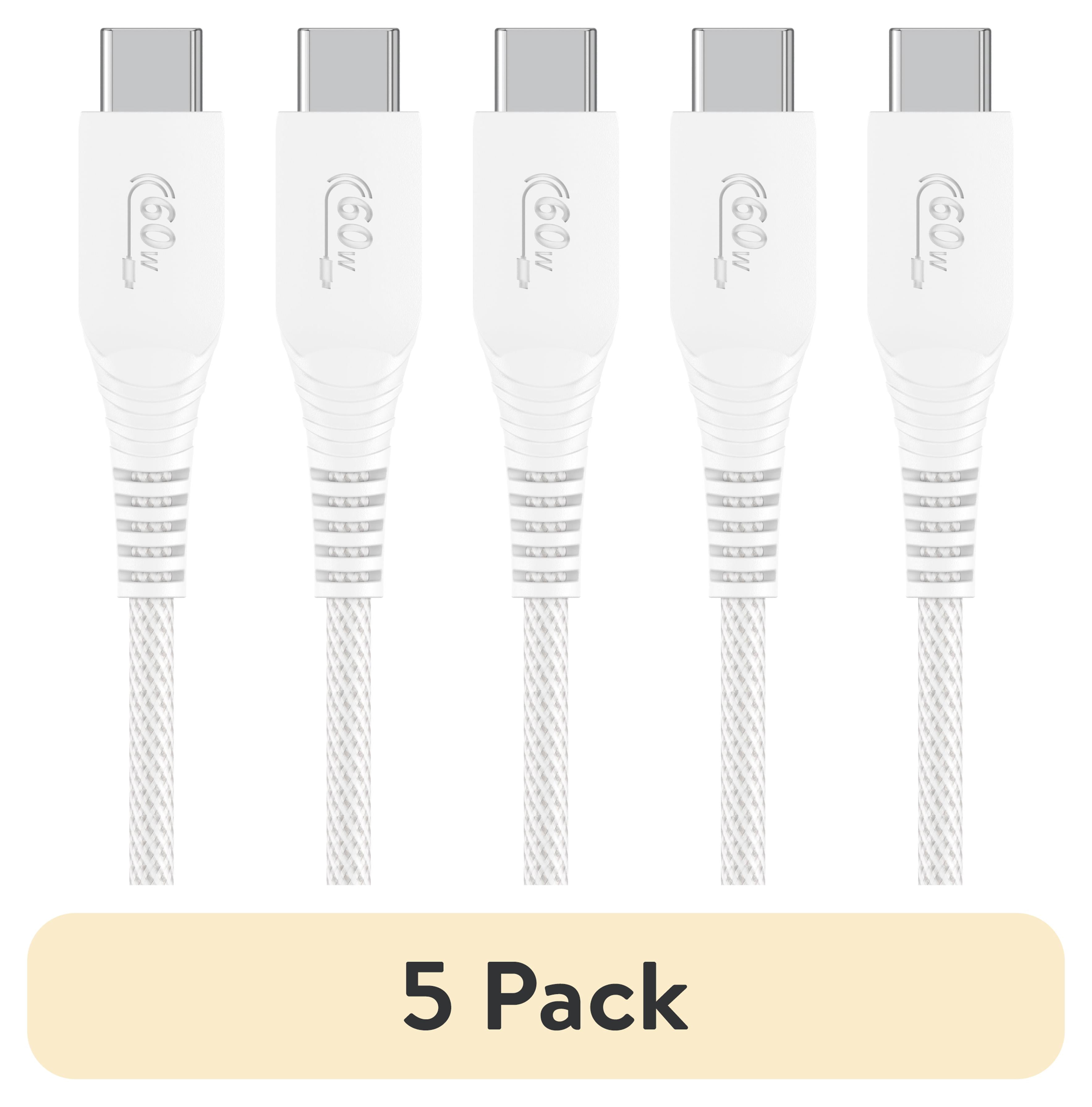 (5 pack) onn 3ft Braided USB-C Charging Cable, USB-IF Certified, White