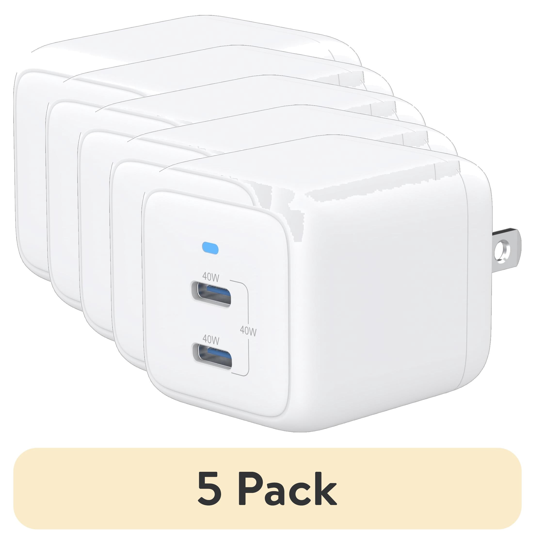 (5 pack) onn 40W Dual USB-C Port Wall Charger, Fast Charging, USB-IF Certified, Foldable Plug, White