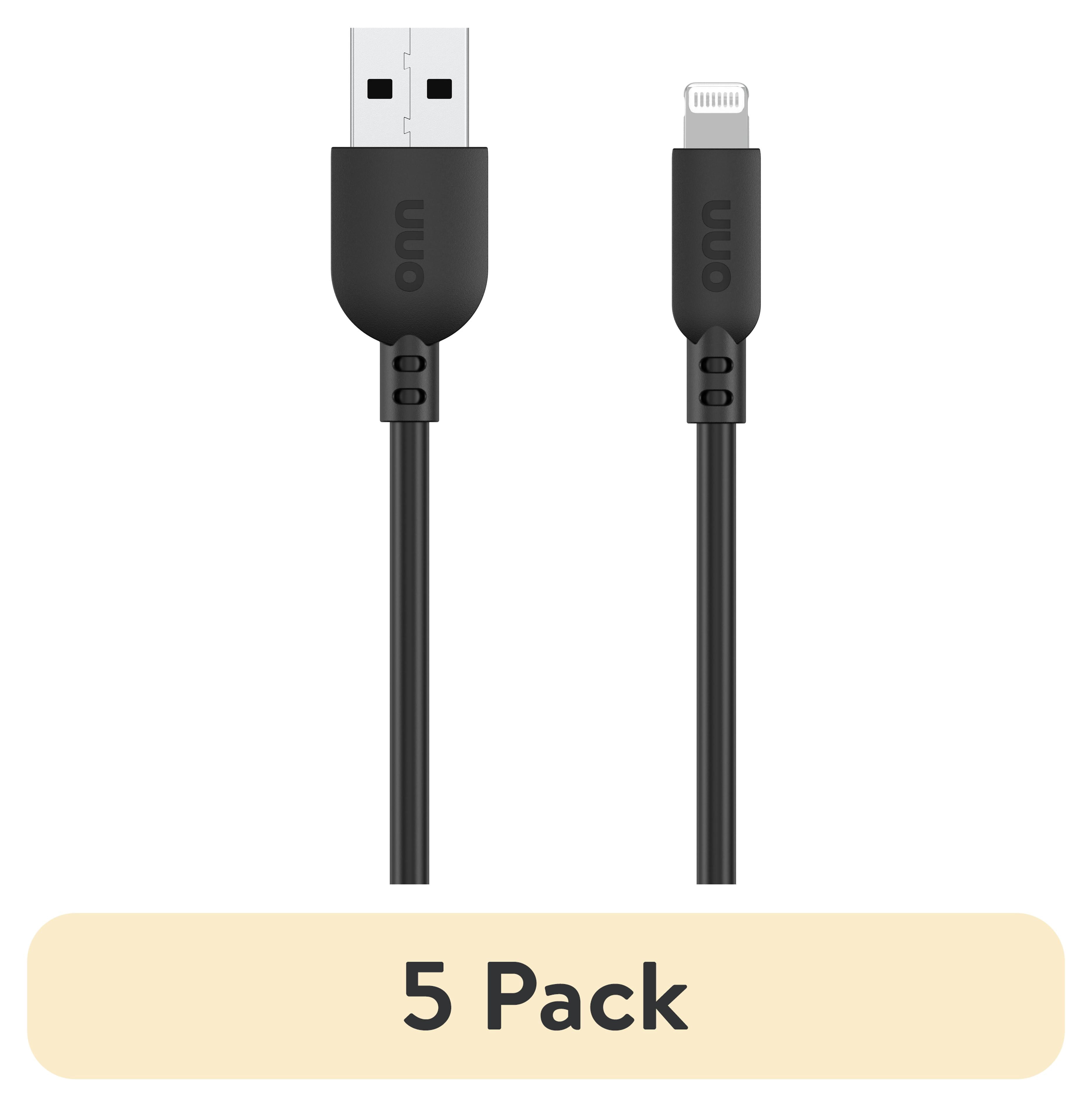 (5 pack) onn 6' Lightning to USB Charging and Data Cable, Black